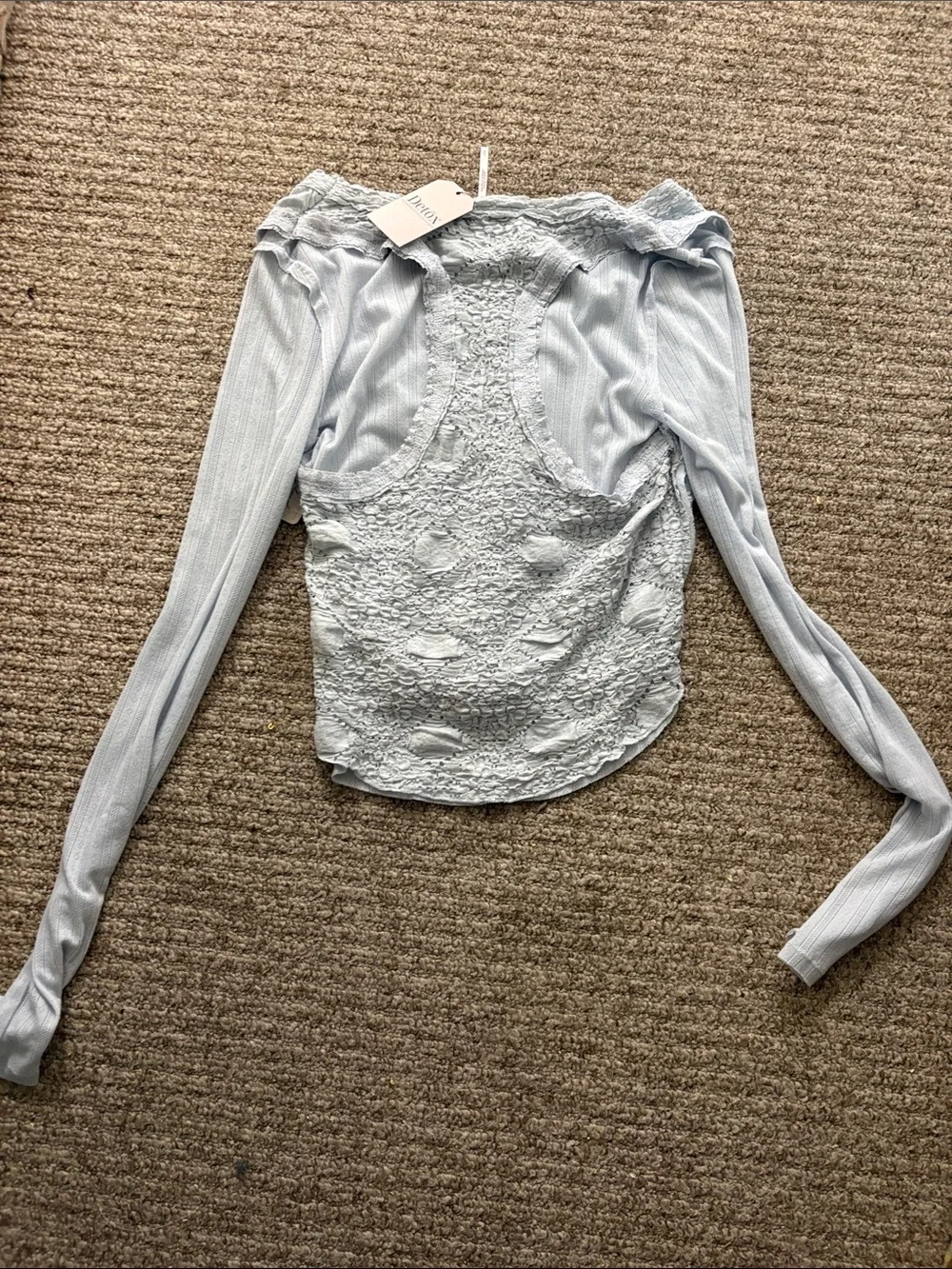 Free People Pale Blue Lace-Back Off-Shoulder Long Sleeve Top